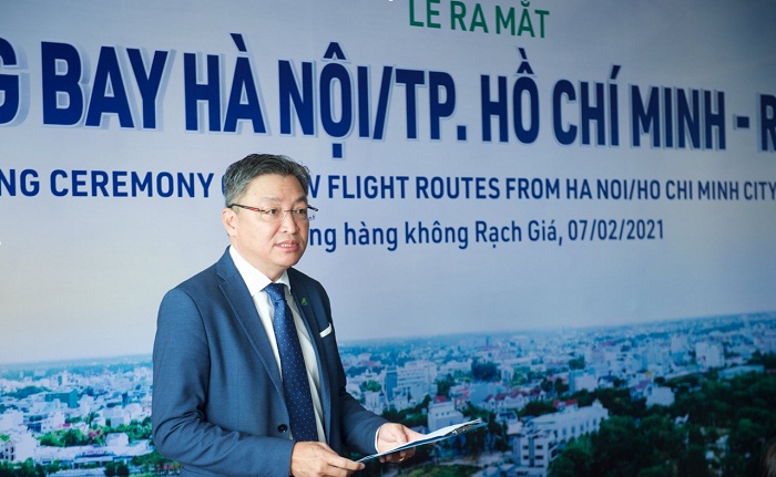 Phó Tổng Giám đốc Bamboo Airways Trương Phương Thành phát biểu tại sự kiện khai trương đường bay Hà Nội/TP.Hồ Chí Minh – Rạch Giá.